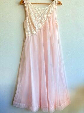 Vintage Pastel Pink Slip Layered Maxi Dress Medium Cream Lace USA Made Tricot